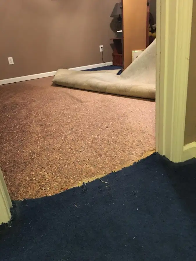 Carpet pad removal revealing water damage during Water Mitigation Services in Fort Myers